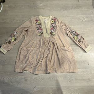 Free people blush pink velvet like dress with embroidery details. Size small